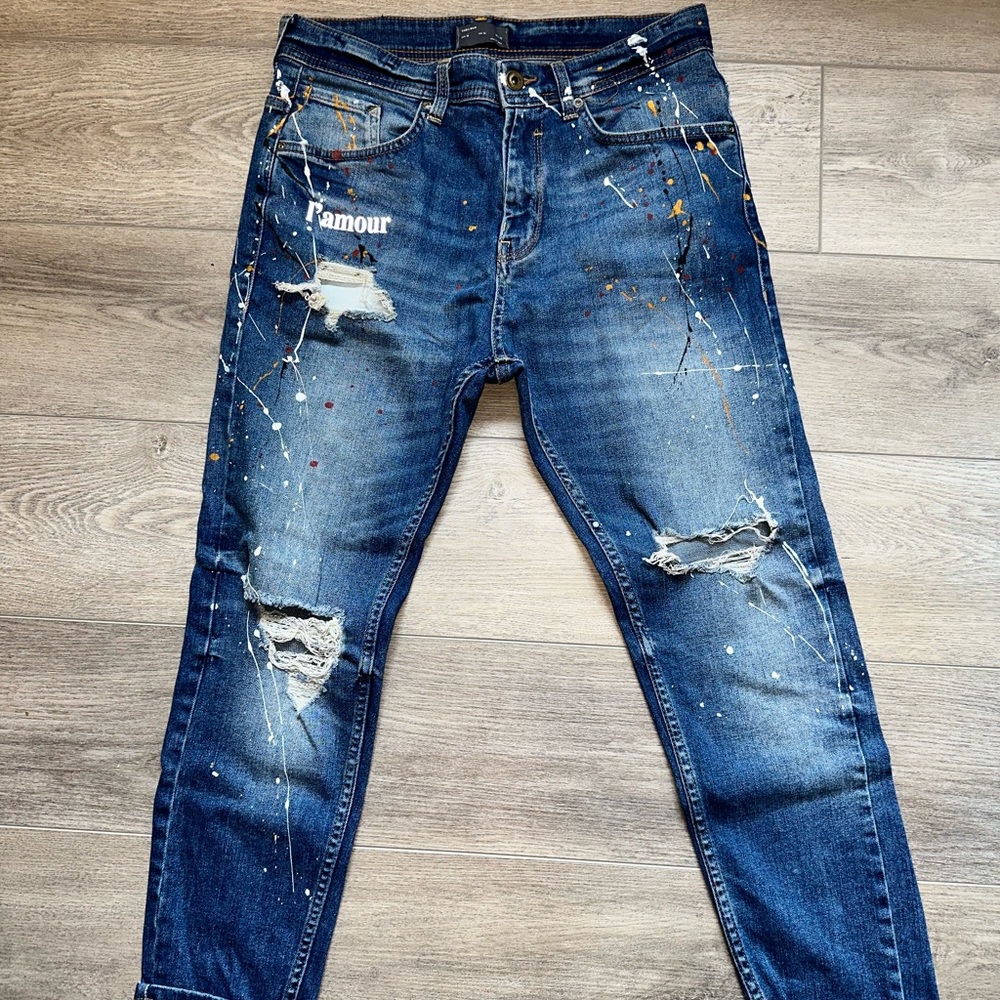 Zara Mens Slim Paint Splatter Jeans